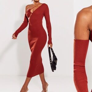 Red Asymmetrical Tie Front Long Sleeve Dress